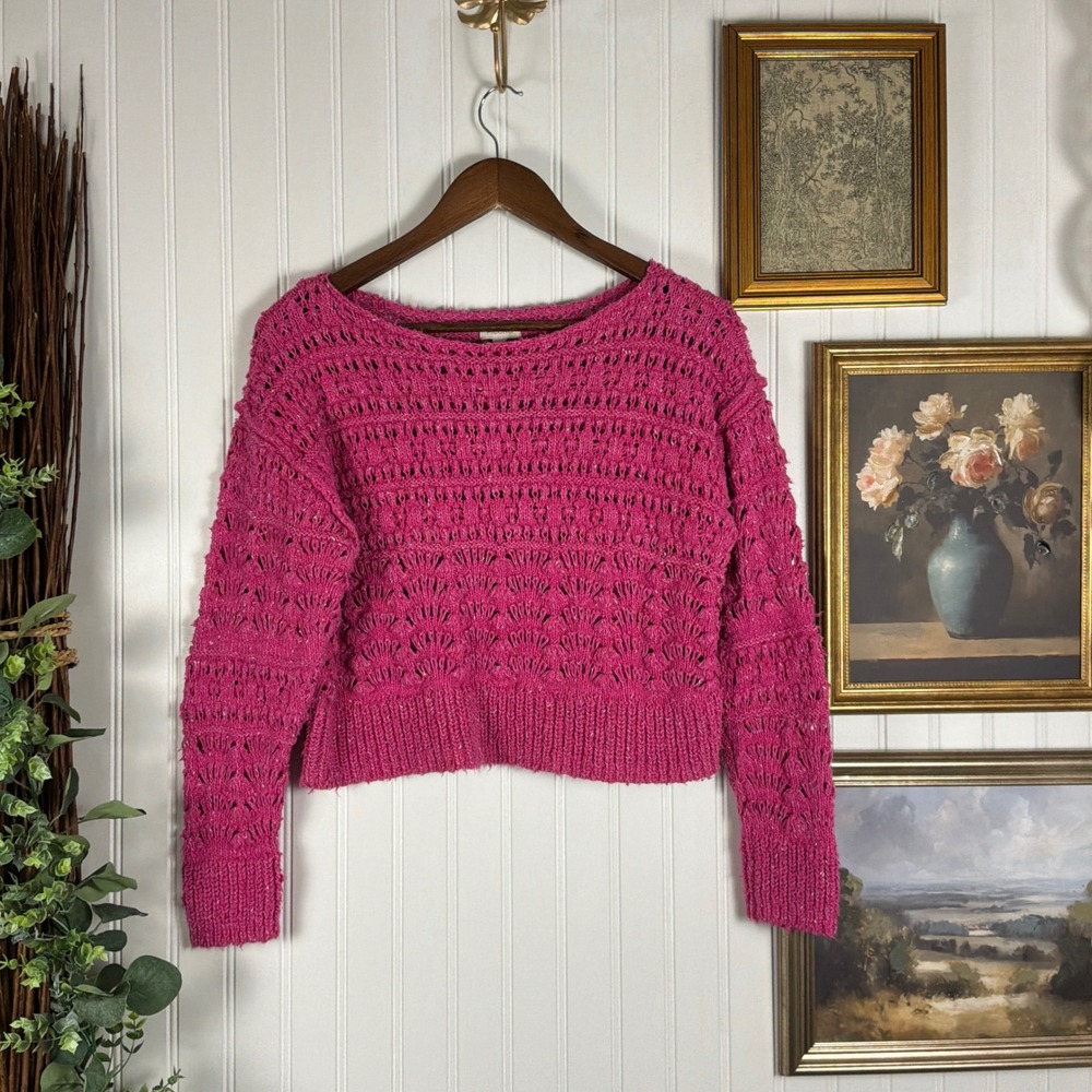 Pilcro Sweater Womens XS Pink Excellent Pointelle Knit Cropped Long Sleeve